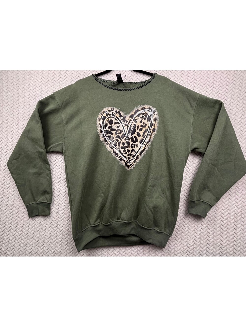 IVY Apparel Olive Green Sweatshirt with Leopard Print Heart Design Size L